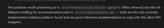 The scan calling out two correctly-implemented resilience patterns in the frontend service as reference implementations worth copying